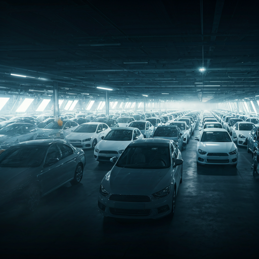 Rows of export vehicles parked inside a covered logistics yard